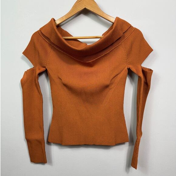 New Jonathan Simkhai Zayla Compact Knit Off Shoulder Sweater in Tobacco Size L - Picture 3 of 12